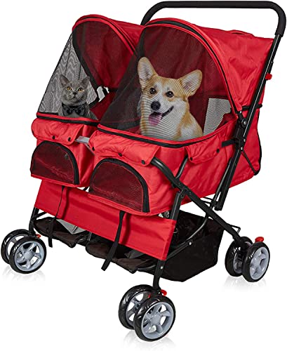 Livebest Folding Pet Stroller Elite Jogger Kitten Puppy Easy Walk Dog Cat Small Animals Travel Carrier with 360 Rotating Front Wheel red