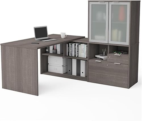 Bestar i3 Plus Escritorio en forma de L de 72 W con puerta de vidrio esmerilado en corteza gris