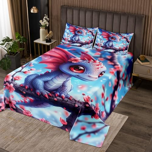 Manfei Cartoon Dragon Bedspread Queen Size, Fairytale Magic Dragon Coverlet Set 3pcs, Cute Western Animal Quilted Coverlet with 2 Pillowcases, Kids Boy Girls Room Decor, Soft Bedding Quilt