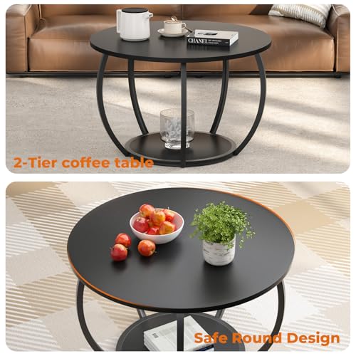 Image of GreenForest Round Coffee Table with 2-Tier Open Storage, 27.6 inch Small Circle Coffee Tables with Adjustable Feet, Modern Mini Center Table for Small Living Room, Black