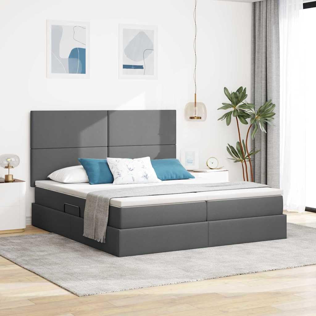 Letto portaoggetti con testiera imbottita, grigio scuro, 200 x 200 cm, in tessuto, telaio in metallo, meccanismo di sollevamento idraulico, spazioso contenitore, rigidità media del materasso