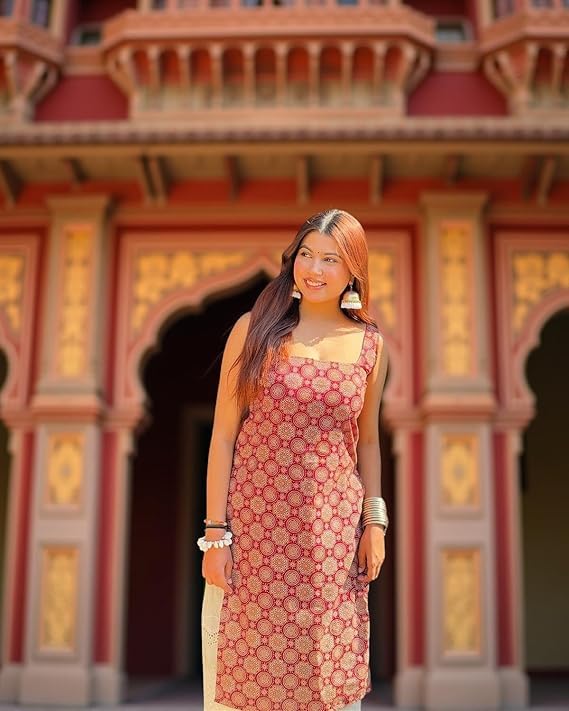 Image of Women's Sleeveless Ajrak Print Kurti - Pure Cotton, Straight Fit Cambric Jaipuri Printed Kurti