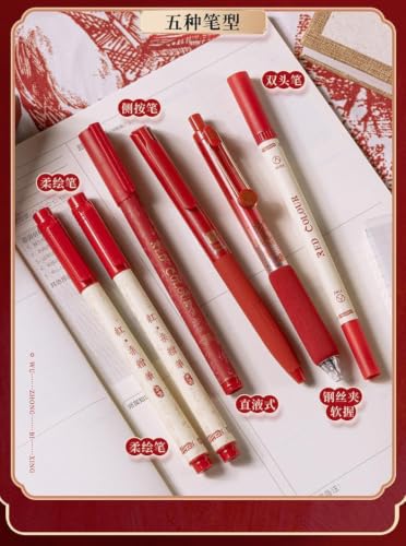 Image of 6 PCS Red Pen Set Lucky Red Colour Gel & Ball Pens Combo Comfortable Grip,Smooth Writing Fine Tip WITH Double side tip-Marker for School,Office,Journaling,Exam,Teachers, Students,Gift Set