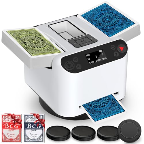 Automatic Card Shuffler and Dealer 2-in-1 for 1-12 Players with 2 Standard Cards | 360° Rotating Deal | Ultra Quiet Rechargeable Machine with 4 Remotes | Compatible with Poker, UNO & More (White)