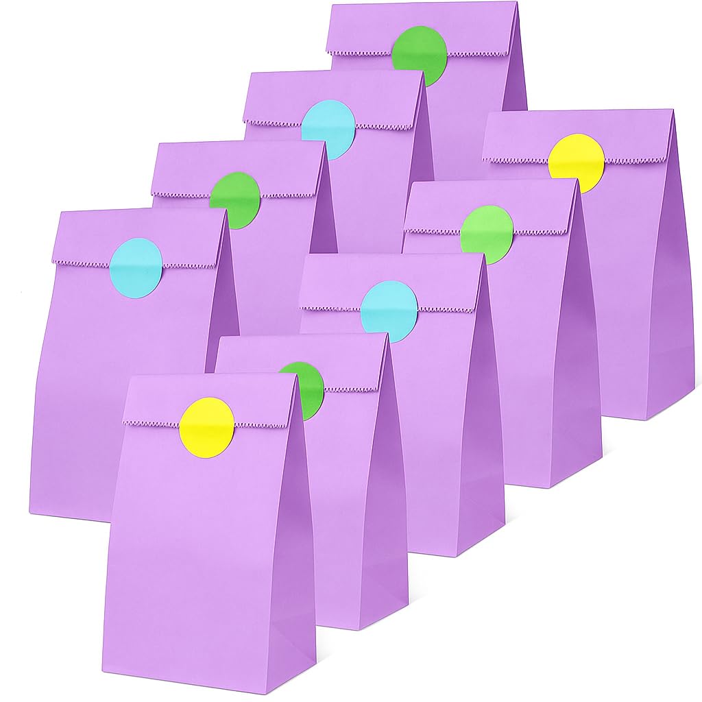 Thepaperbagstore 25 Lilac Paper Party Bags + 25 Colour Dot Stickers, Kids Party, Gift, Craft and Sweet Bags โ 140x245x70mm