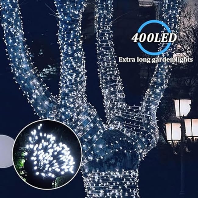 4Pack Solar String Lights for Outside, 400 LED Solar Christmas Lights Outdoor Waterproof with 8 Modes Solar Fairy Lights for Xmas Tree Party Wedding Garden Fence Decorations (White)