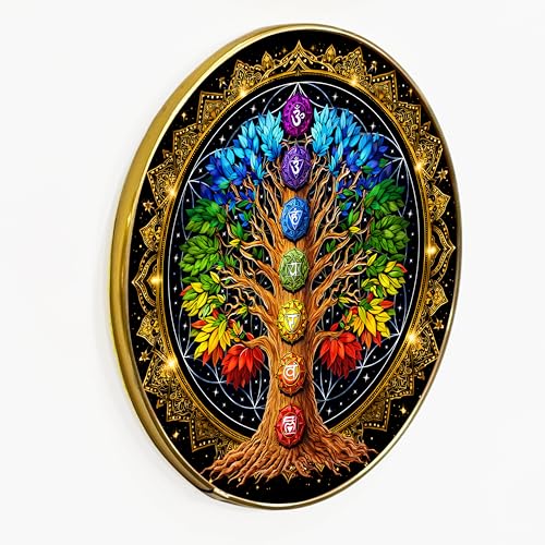 Image of Chakra Tree of Life Round Wall Art Painting With Frame For Living Room | 7 Chakra Vastu Decor Framed Painting | Spiritual Round Wall Hanging for Home, Meditation Room & Gifting, 12 Inch