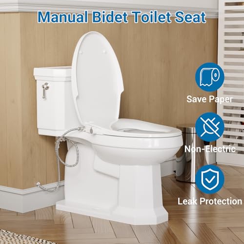 Bidet Toilet Seat for Elongated Toilet, PP Non-Electric Cold Water Bidet Attachment with Self-Cleaning Spray Nozzle, Hygienic Toilet Seat Cover for Women, Easy to Install, White, 19 Inch