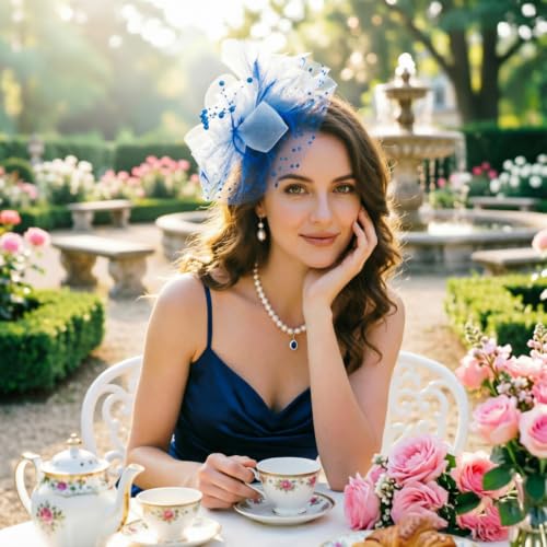 Image of DRESHOW Fascinators Hat Flower Mesh Ribbons Feathers on a Headband and a Clip Tea Party Headwear for Girls and Women