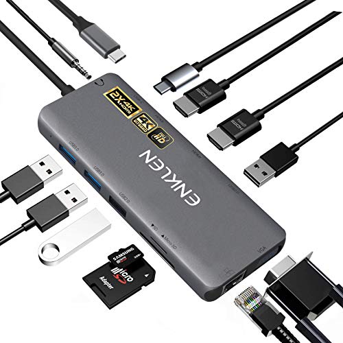 USB C Hub,Type C Adapter, ENKLEN 12in1 hub with 2X 4K HDMI, VGA, Ethernet, 100W PD, 2X USB 3.0/USB 2.0, SD/TF Card Reader, Mic/Audio for MacBook Pro/Air/Windows Type C Laptops, Docking Station
