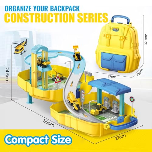 Image of Kidology 2-in-1 DIY Construction Vehicle Set of 4 - Alloy Adventure Cars, Parking Ramp Garage, Dual Handbag Backpack with Track, Montessori Toy for Toddlers & Kids, Birthday Gift for Boys & Girls