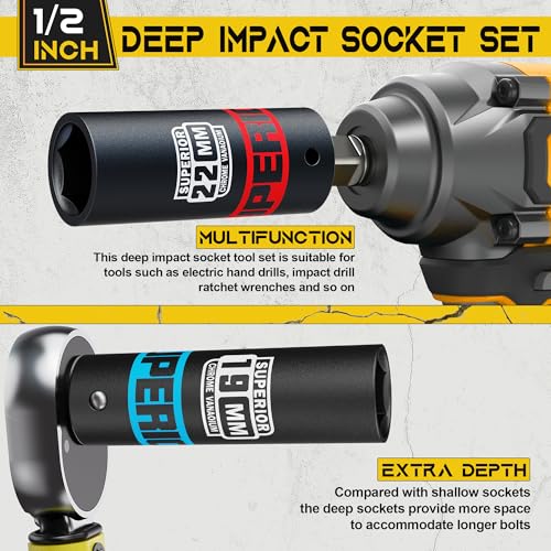 KIRXST Deep Impact Socket Set, 11PCS 1/2 Inch Driver 10mm-24mm Metric Deep Sockets with 1/4'' Hex Shank Socket Adapter, Automotive Trucks Car Tires Tractors Engines Repairing DIY Mechanic Tool 4 KIRXST Deep Impact Socket Set, 11PCS 1/2 Inch Driver 10mm-24mm Metric Deep Sockets with 1/4'' Hex Shank Socket Adapter, Automotive Trucks Car Tires Tractors Engines Repairing DIY Mechanic Tool - Image 4