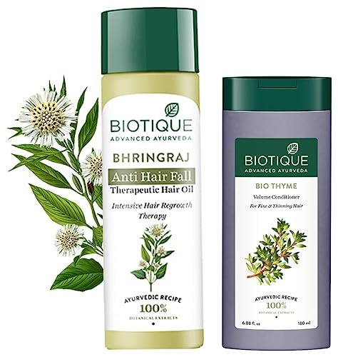 Image of Biotique Bio Bhringraj Ayurvedic Therapeutic Hair Oil, 200ml & Biotique Bio Thyme Volume Conditioner for Fine and Thinning Hair, 180ml