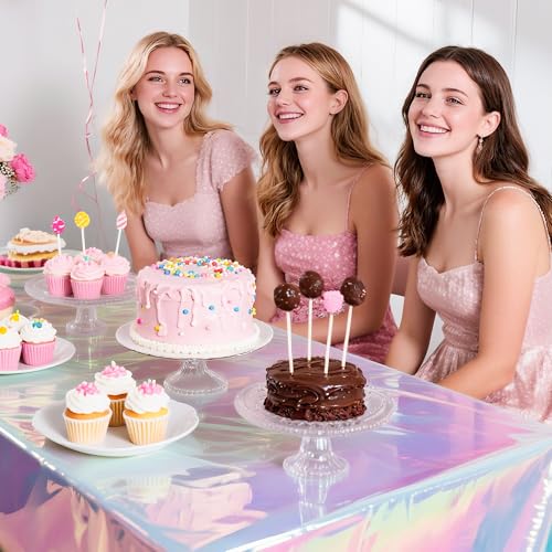 Image of 2 Pack Iridescent Tablecloth, 54 inch x 108 inch Birthday Party Table Cloths Iridescence Plastic Disposable Table Covers Iridescent Party Decorations, Birthday Decor Tablecloth for Buffet Table