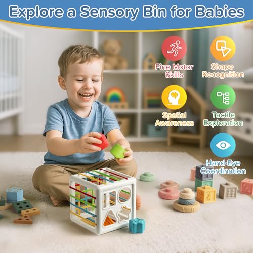 Image of Somastung 7‑in‑1 Montessori Baby Toys for 6‑12 Months & 1+ Years, Infant Sensory Teething & Stacking Blocks | Wooden Shape Sorter, Xylophone Musical Toy, Birthday Gift for Toddlers 1‑3