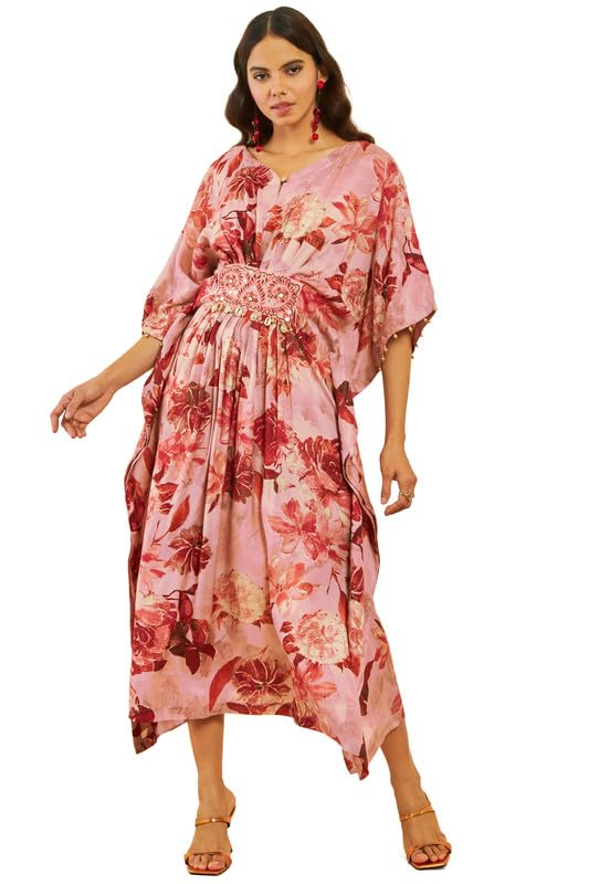 soch Womens Peach Muslin Floral Foil Print V-Neck Kaftan with Beadwork-picture-36