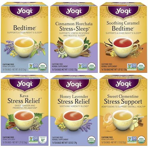 Yogi Tea Stress Relief & Herbal Tea Variety Pack - 16 Bags per Pack (6 Packs) - Organic Herbal Sampler - Includes Bedtime, Kava Stress Relief, Soothing Caramel Bedtime & More