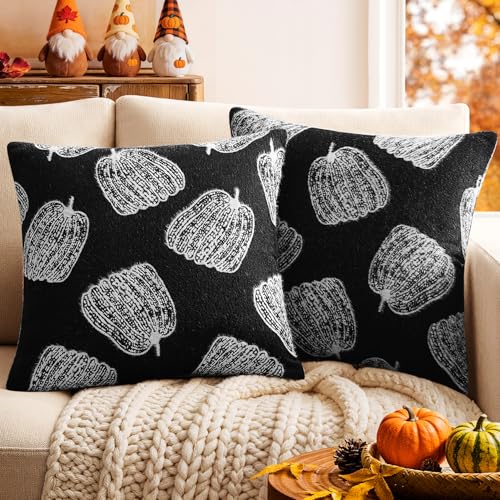 GriNeed Throw Pillow Covers Set of 2 18x18 White Pumpkins Fall Black Covers, Soft Faux Decorative Covers for Couch Sofa Bed Living Room, Farmhouse Home Boho Decor