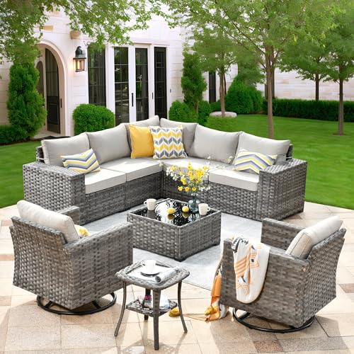 ovios-9-Pieces-Patio-Furniture-Set-Outdoor-Sectional-Sofa-with-Swivel-Rocking-Chairs-Wide-Arms-and-Deep-Seat-Modular-Wicker-Rattan-Conversation-Set-Beige ovios 9 Pieces Patio Furniture Set Outdoor Sectional Sofa with Swivel Rocking Chairs Wide Arms and Deep Seat Modular Wicker Rattan Conversation Set Beige