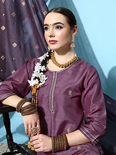 Image of ishin Silk Blend Women's Embroidered A-Line Kurta Pant with Dupatta Set