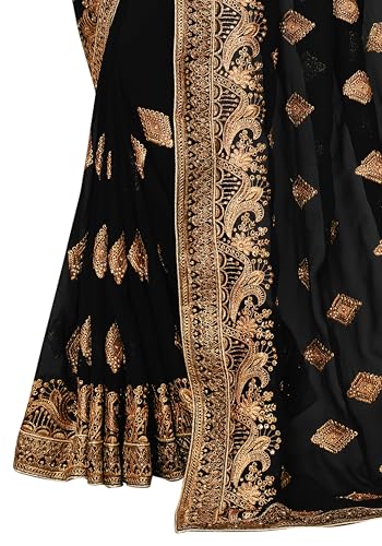 Image of B BELLA CREATION Women's Maroon Georgette Saree with Heavy Golden Embroidery Work & Unstitched Blouse Piece