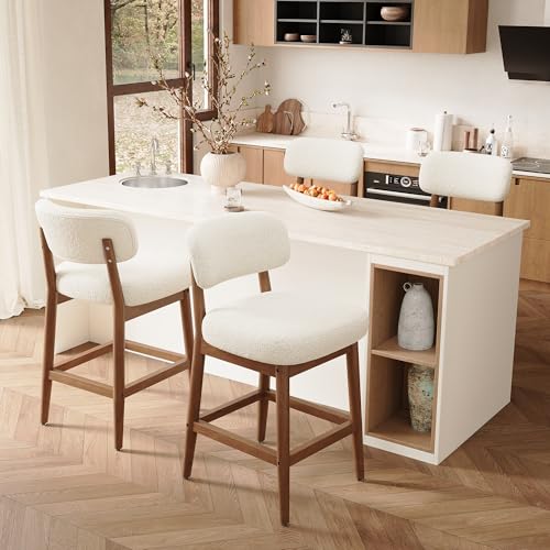 Image of Solid Wood Counter Height Bar Stools Set of 4, Fluffy Boucle Bar Chairs with Frame, Mid-Century Modern Upholstered Stools with Backrest for Kitchen Island, Home Bar, White