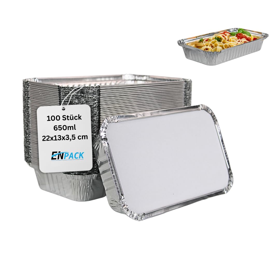 Enpack Aluschale R65-650L - 100 Stück mit Deckel Aluschalen Grill 20x10,5x5 cm - Wärmebehälter- Fettauffangschale als Grill Zubehör, Food Container, kleine Auflaufform - feuerfeste Alu Grillschale