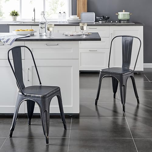 Image of Metal Dining Chairs with Back, Stackable, Distressed Black, 8 Pack | Easy Assembly, Non-Slip Feet, 330 lb Capacity, Kitchen, Restaurant, Cafe, Pub, Covered Patio