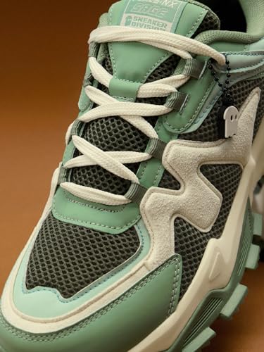 Image of The Souled Store Fumes NX: Sage Men and Boys Low Top Sneakers Green and Off White Streetwear Chunky Trainer Breathable Mesh Cushioned Midsole Durable Sole Lace Up Lightweight Padded Collar