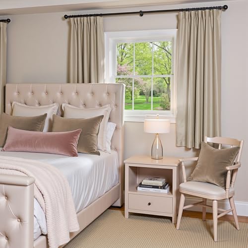 Image of Beige Velvet Curtains Neutral Rod Pocket 52x72 Inch 2 Panels | Soft Velvet, Room Darkening, For Small Windows, Kitchens & Bathrooms, Light Shifting Texture, Elegant Drape, Cozy