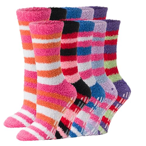 Image of Debra Weitzner Fuzzy Socks for Women Non-Slip Warm Cozy Socks Fluffy Fleece Slipper Socks With Grips 5 /6 Pairs