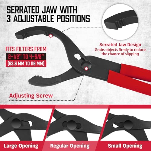 Image of HORUSDY 12 inch Adjustable Oil Filter Pliers, Adjustable Oil Filter Wrench Removal Tool (Red)