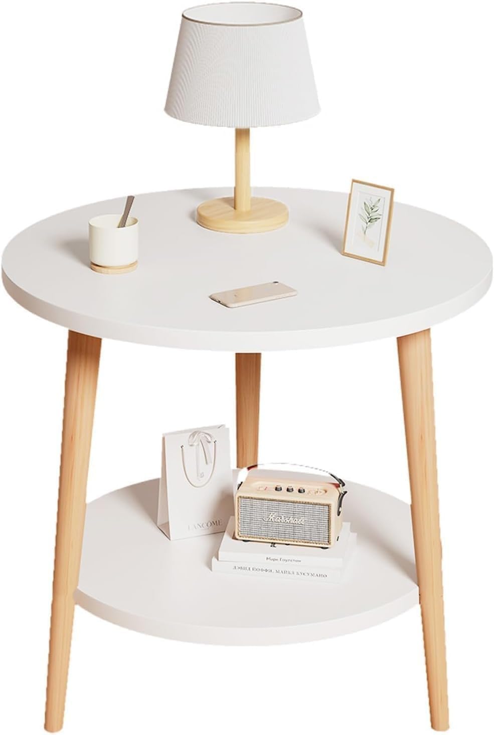 2-Tier Small Circle Side Table, Round Accent Table for Living Room, Bedroom,Sturdy and Easy Assembly,Double-deck Round Wood Look Accent Furniture with Wood Frame (White)