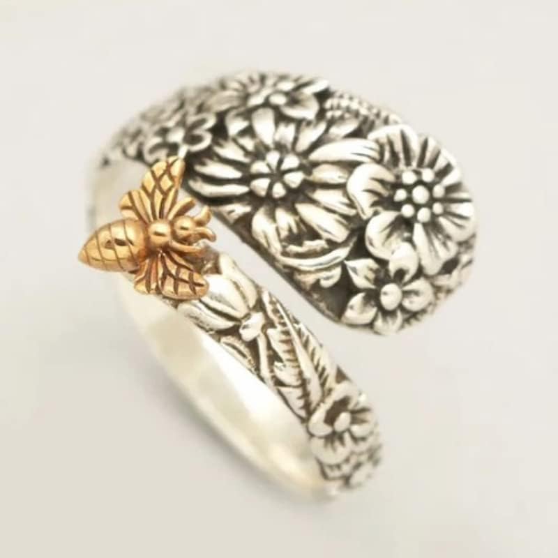 925 Sterling Silver Garden Flower Bee Ring Vintage Creative Bee Entangled Flower Cluster Bee Insect Cute Spoon Sunflower Sunflower Ring Jewelry-Making-Patterns