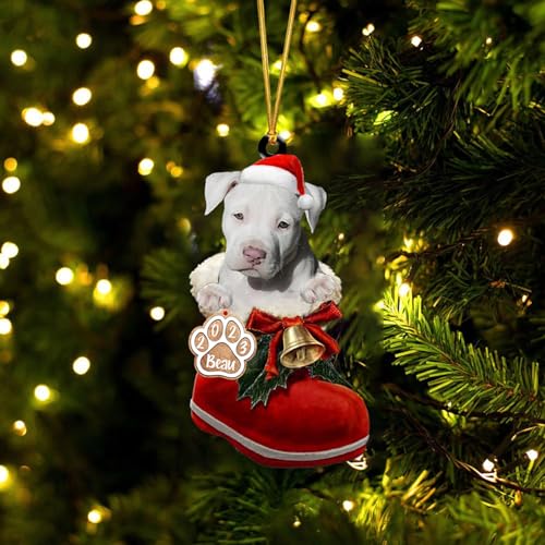 Personalized Staffordshire Bull Terrier Ornaments, White Christmas Ornaments in Santa Boot for Christmas Tree