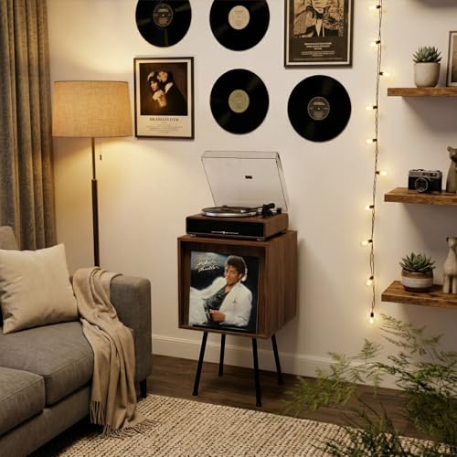 Image of Faesun Flip Top Record Player Stand, End Table Holds up to 100 Albums, Turntable Stand with Record Display, Vinyl Record Storage for Living Room, Bedroom, Walnut