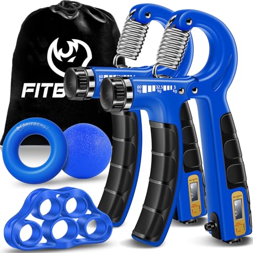 FitBeast Kit de Entrenamiento para Fortalecer Agarre 5 Piezas, 2 Resistencia Ajustable para Antebrazo, Estirador de Dedos, Anillo de Agarre y Bola de Alivio Estrés para Atletas (Azul Oscuro)