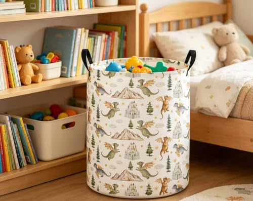 Image of Baby Laundry Hamper Basket Baby Hamper for Nursery Boy and Girl Cute Storage Bin Organizer Boho Room Decor(Castle Dinosaur)