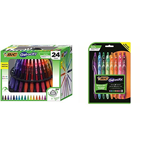 BIC Gel-Ocity Gel Pen Spinner, Medium Point Rectractable Gel Pens (0.7mm), Assorted Colors, 24-Count & Gel-Ocity Quick Dry Gel Pens, Medium Point Retractable Gel Pen (0.7mm), Assorted Colors, 8-Count