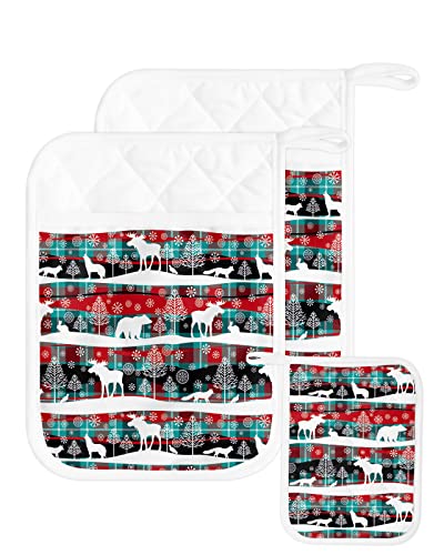 Christmas Plaid Reindeer Pot Holders With Pocket For Kitchen, Heat-Resistant Potholders Set Of 2, Hot Pads Oven Mitts With Hanging Loops For Home Cooking Baking Microwave, Buffalo Check #TOP29