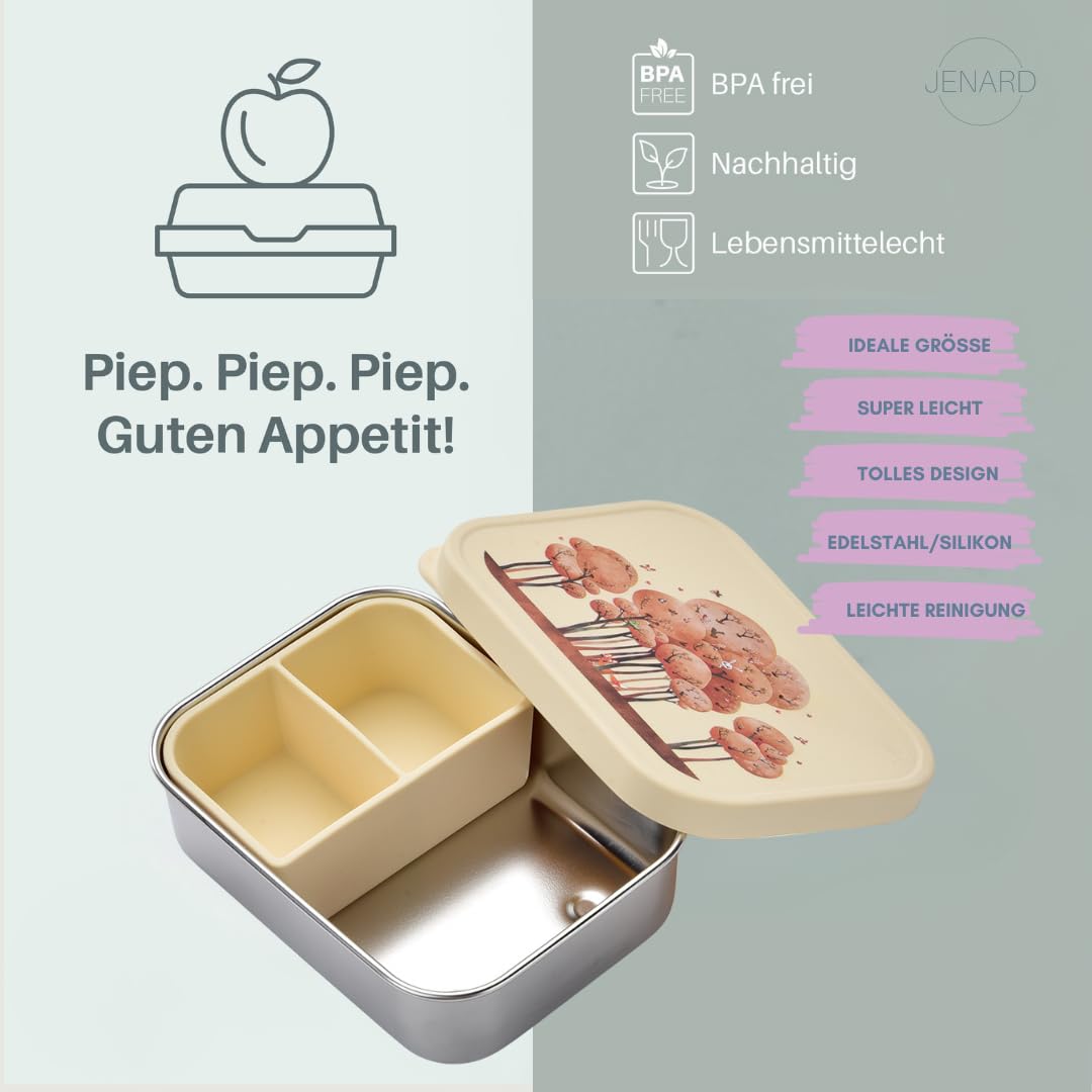Jenard Brotdose & Trinkflasche Set für Kinder – Edelstahl Lunchbox mit Trennfach & auslaufsichere Thermoflasche – BPA-frei – Creme/Tiere im Wald