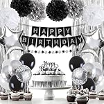 Black and Silver Birthday Decorations for Men, Happy Birthday Party Decorations, Happy Birthday Banner, Balloons, Foil Fringe Curtains, Tissue Paper Pompoms, Star Garland, Party Decor