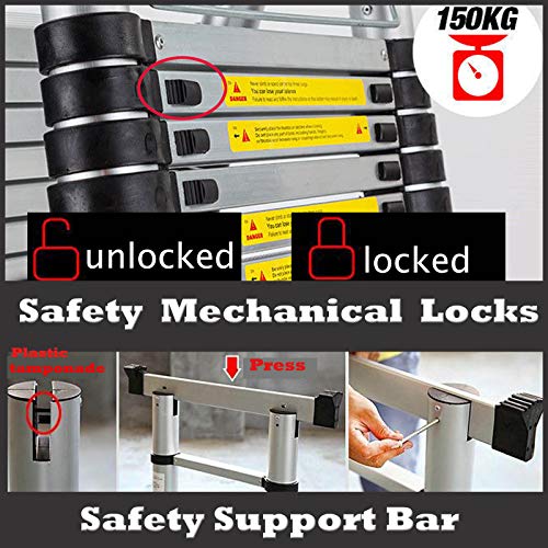 Bowoshen 16.5FT Aluminum Telescoping Extension Ladder 330lbs Max Capacity A-Frame Lightweight Portable Multi-Purpose Folding with Support Bar Anti-Slip EN131 Certificated