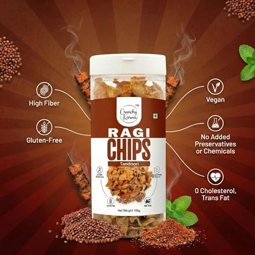Image of Ragi Chips Tandoori Flavor | Healthy Millet Chips | Crunchy Baked Gluten Free Snack | High Fiber & Low Cholesterol Finger Millet Chips | Calcium Rich Indian Spicy Snacks | No Added Preservatives | 150g
