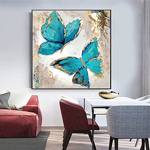 Tableaux de salon peinture à l'huile bleue or fleur papillon