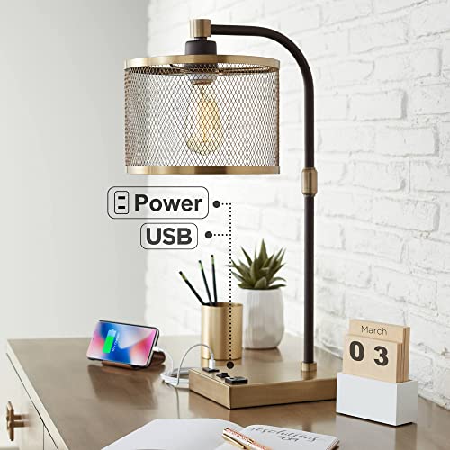 360 Lighting Brody Industrial Desk Lamp 22 1/4" High with USB and AC Power Outlet in Base Antique Brass Black Perforated Metal Shade for Bedroom Living Room House Bedside Nightstand Home