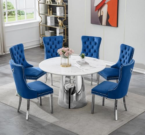 Image of 7-Piece Round Dining Table Set for 6, Modern Faux Marble Kitchen Table and Blue Velvet Chairs Set of 6, Luxury 45 inch Circle White Silver Dining Room Tables with Stainless Steel Base