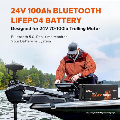 Image of LiTime 24V 100Ah Bluetooth LiFePO4 Lithium Battery with 29.2V 20A Charger, Built-in 100A BMS, Low-Temp Protection, 4000+ Cycles, Max. 2560Wh Energy for RV, Trolling Motor, Marine, Off-Grid