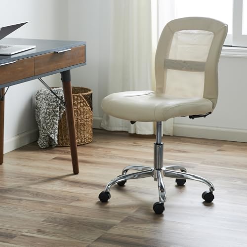 Image of Serta Essential Armless TaskChair, Small Desk Chairs with Wheels, Breathable Mesh Back and Faux Leather, Quality Foam Cushion Seat for Comfort, Minimal Design for Vanity Table, Cream White