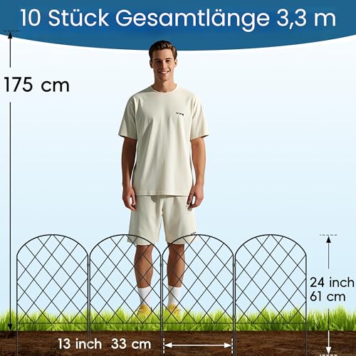 Thealyn Dekorativer Gartenzaun aus Metall (10 Stk., 61x33 cm, L: 3,3 m), grabungsfreier Steckzaun, wetterfest, für den Außenbereich, Beeteinfassung, Rasenkante & Wegbegrenzung (Die Raute)